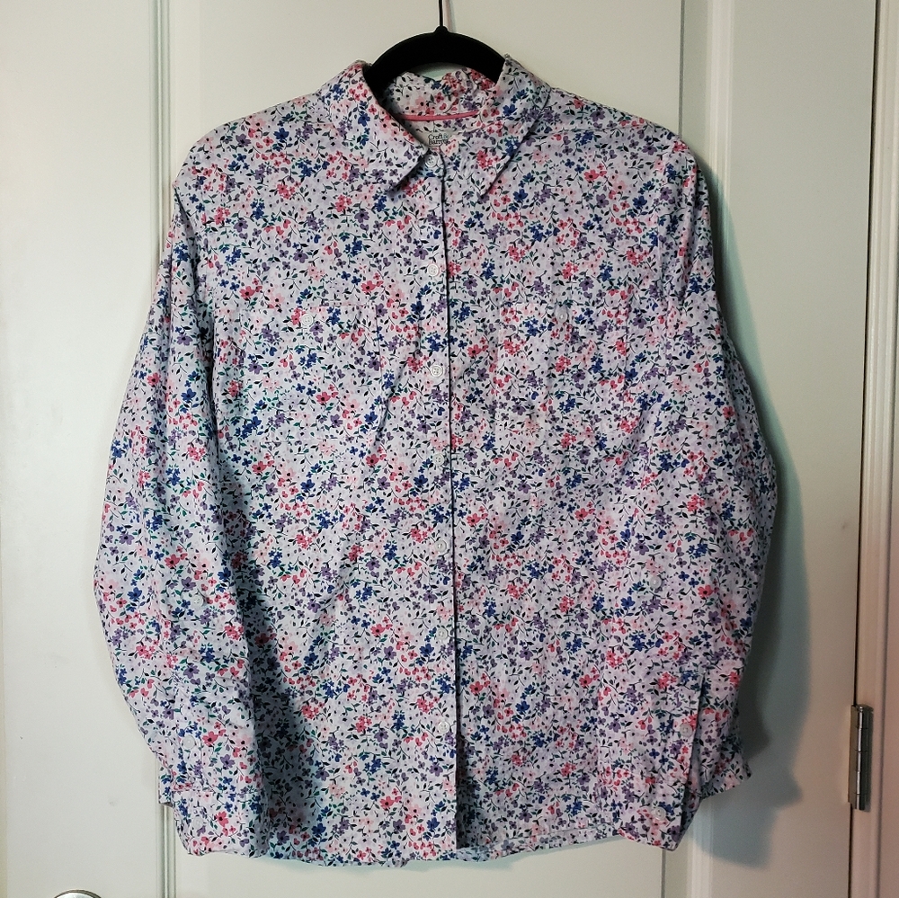 Croft&Barrow womens large pink blue white floral cotton button up shirt